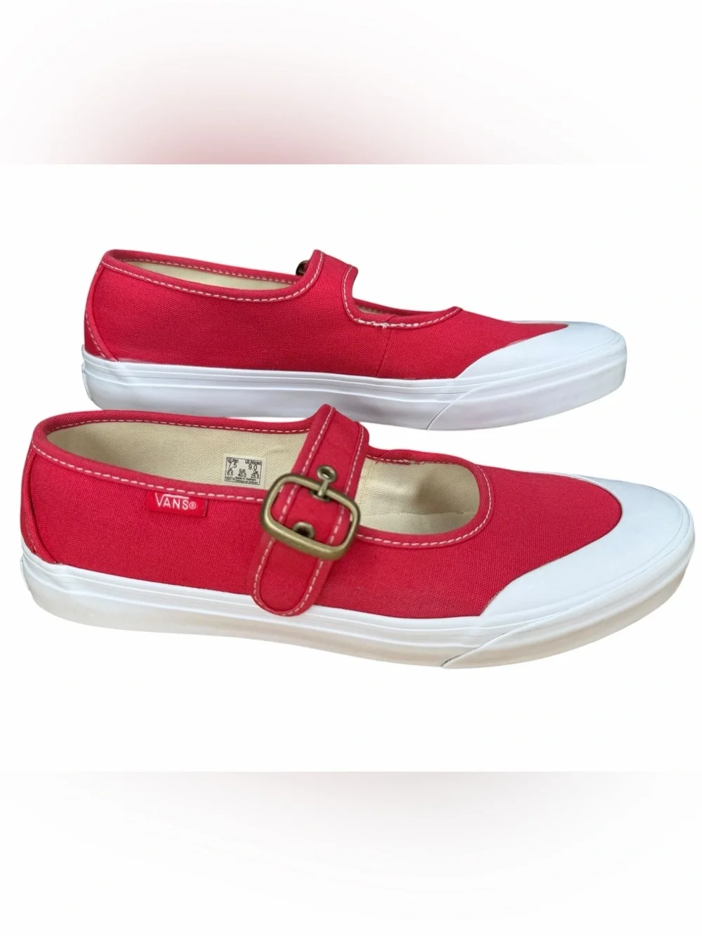 Vans Mary Jane Canvas Shoes Red White Buckle Sneakers Women’s Size 9
